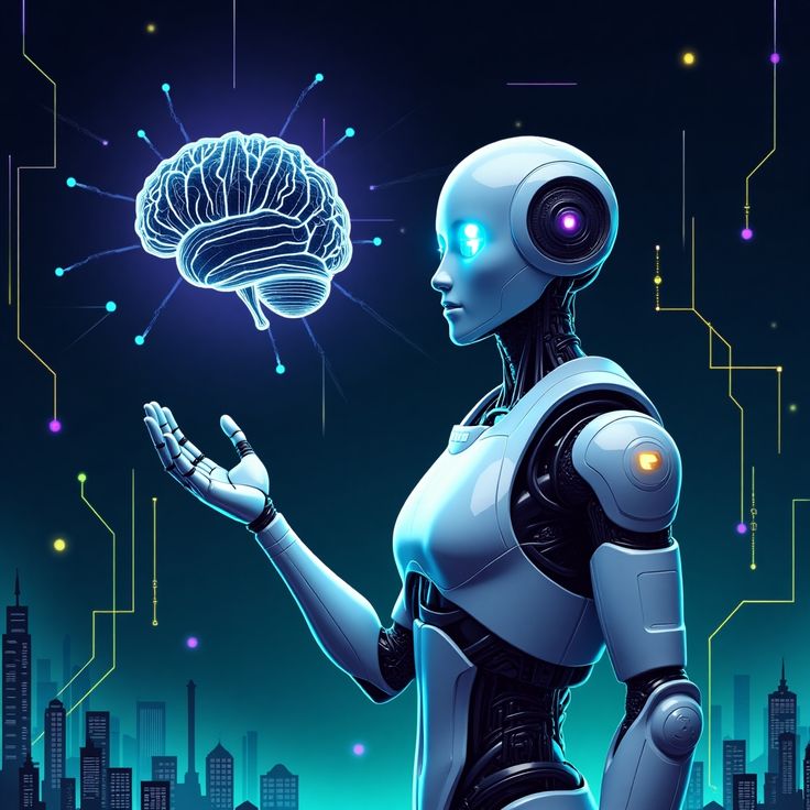 Living intelligence: Merging AI and biosensors with the human brain Illustration of a human brain integrated with AI circuits and biosensors representing living intelligence.