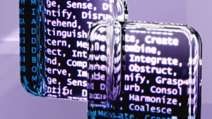 Abstract glass surfaces reflecting digital text create a mysterious tech ambiance.